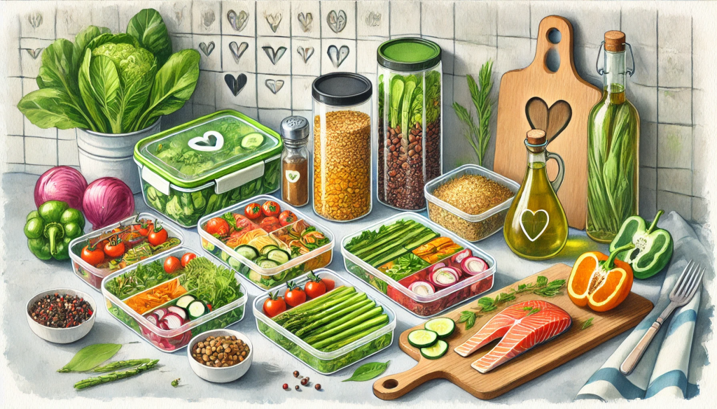 watercolor illustration on meal prepping showcasing organized, nutritious meals in a calm and inviting kitchen setting